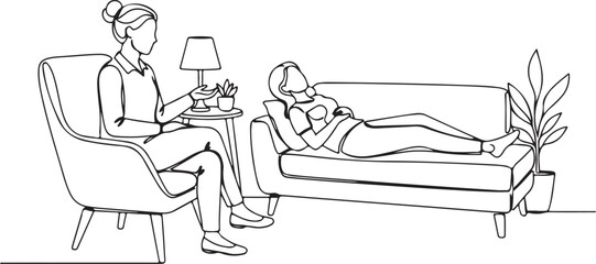 Continuous line art illustration of a psychotherapy session with a therapist and patient, representing mental health support and counseling