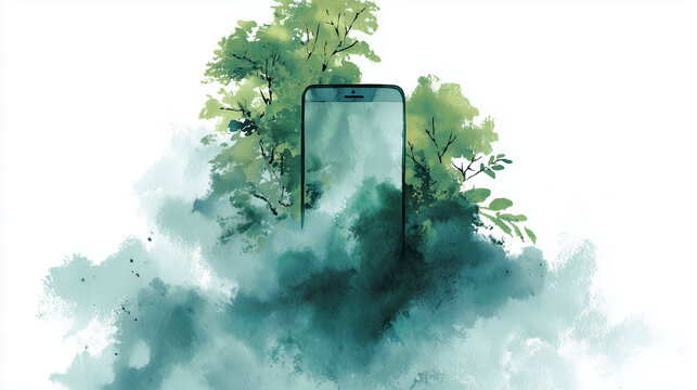 Watercolor illustration of smartphone surrounded by nature, digital detox and eco technology concept, green lifestyle and sustainability