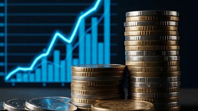 Stacks of coins are placed in front of a blue financial graph, representing monetary growth.