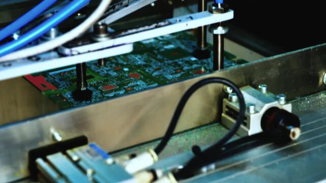 Industrial robotic arm with suction cups accurately placing a green printed circuit board onto a conveyor belt, showcasing advanced automation in a modern electronics manufacturing factory