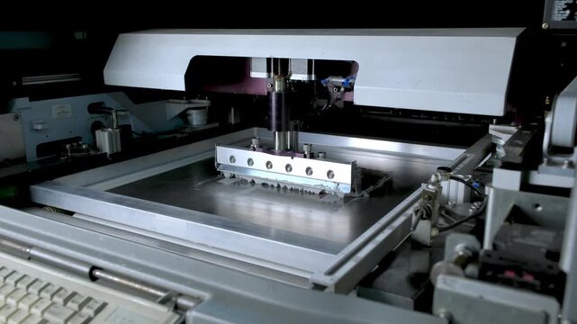 Automated solder paste printer applying solder paste onto a printed circuit board using a precision stencil, an essential process in surface mount technology assembly inside an electronics factory