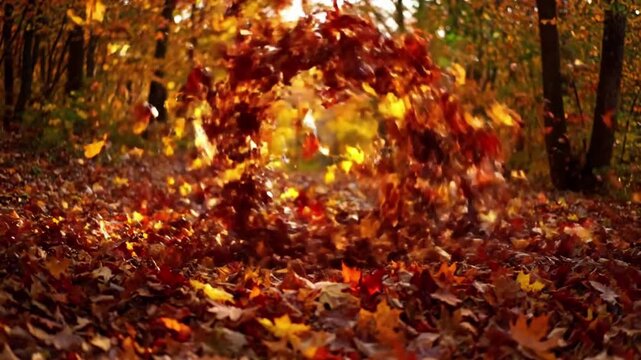 Forest Floor Dance leaf swirl autumn Medium shot, leaves being lifted and swirled by an unseen gust of wind on a woodland path. A breathtaking slow motion video showcasing a vibrant 