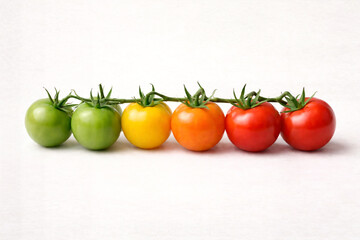 Tomatoes on a single vine arranged from green to red, illustrating natural ripeness progression in a clean studio setting.
