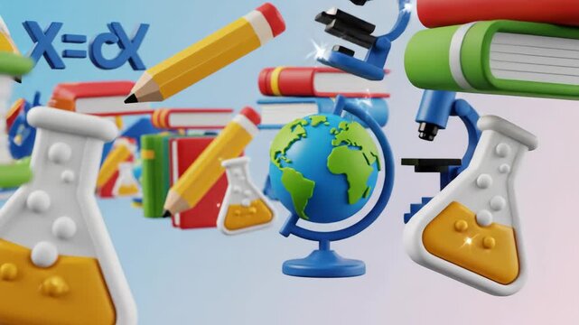Vivid collection of school supplies and educational icons including books, globes, pencils, and science tools perfect for study and learning visuals