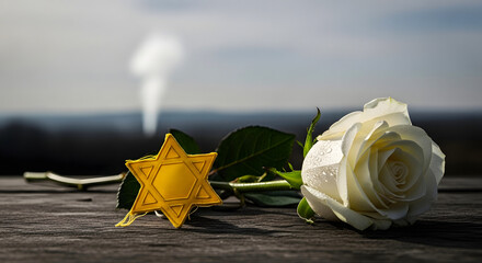 White rose and gold star on a wooden surface with a smokestack in background