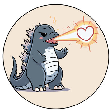 A cute cartoon illustration of a kawaii-style Godzilla
in a circular frame