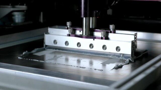 Automated solder paste printer applying precise stencil deposits to a pcb for surface-mount assembly in an electronics manufacturing line, showcasing high-tech production process