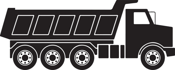 Dump truck silhouette heavy construction vehicle with large wheels and cargo bed for hauling materials on transparent background