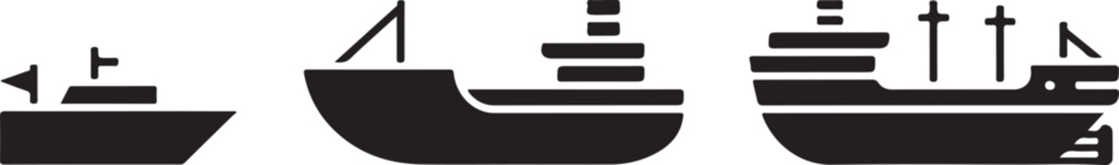 Set of cargo ship silhouettes container ship and ferry boat icons on transparent background maritime transport collection