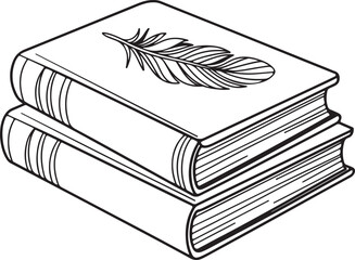 Stack of two antique hardcover books with feather resting on top representing literature education knowledge and publishing themes