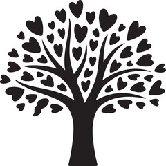 Silhouette of a loving tree with many heart shapes as foliage illustrating deep affection and strong romantic connection
