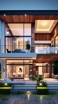 Modern Luxury Home Exterior at Dusk with Illuminated Interior.