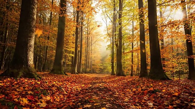 Golden Hour Serenity falling leaves autumn Atmospheric shot of autumn leaves falling in a serene natural setting, perhaps bathed in