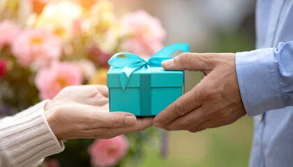 A thoughtful gift exchange between two people in a garden.