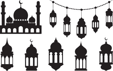 Islamic culture silhouettes set featuring mosque and lanterns icons isolated on transparent background for ramadan kareem greeting