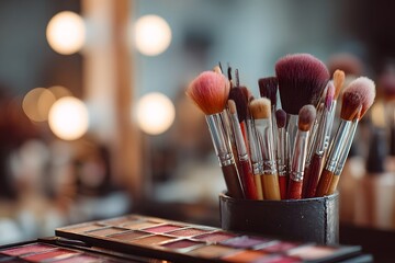 Fototapeta premium Professional makeup brushes in a holder and an eyeshadow palette on a vanity table with a blurred background and mirror reflection.
