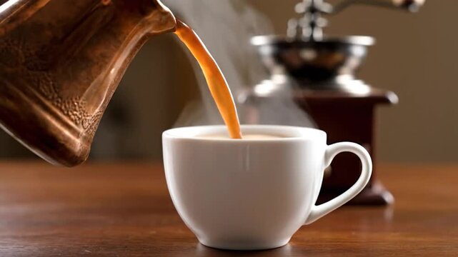 Hot coffee pouring from a copper pot into a white ceramic mug on a wooden table