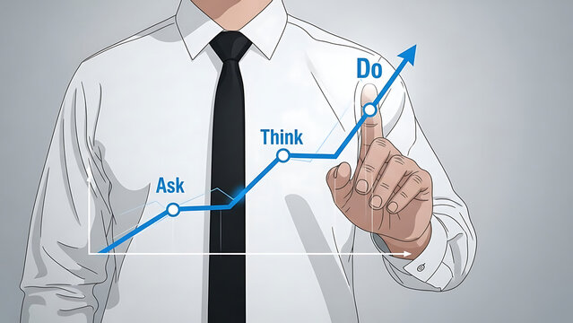 Businessman interacting with a visual upward trending growth chart illustrating a sequential process of ask think and do for strategic development and performance improvement objectives. - Powered by Adobe
