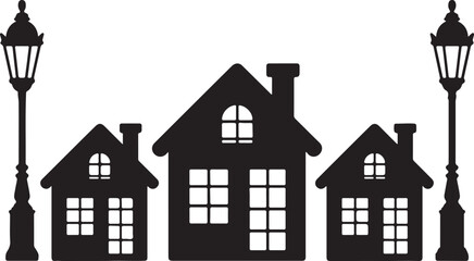 Winter village street with houses and lampposts