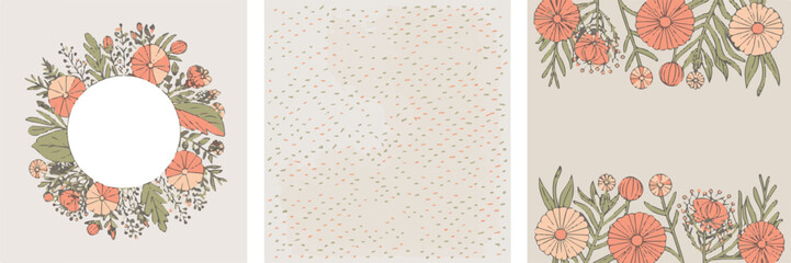 Set of three floral square vector templates delicate orange and green botanical illustrations for greeting cards social media stories print