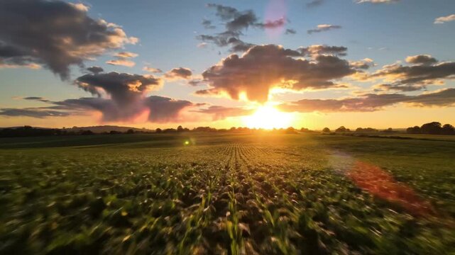 Stunning golden hour sunset illuminating a green corn field with dramatic cloud formations in the sky