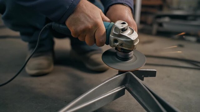 Close-Up of Person Grinding Metal Frame with Angle Grinder and Visible Sparks in Industrial Setting