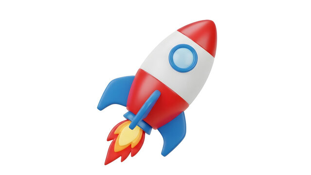 Colorful toy rocket launching with flames and fins in vibrant colors