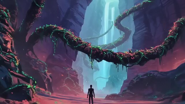 cave, waterfall, fantasy, landscape, nature, adventure, mystery, journey, exploration, surreal, cavern, river, 