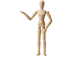 Wooden artist mannequin pointing to the side isolated on transparent background