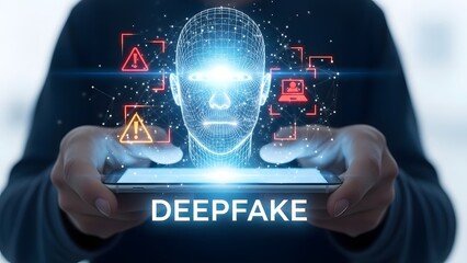 Hands holding a phone displaying a glowing holographic head with deepfake text