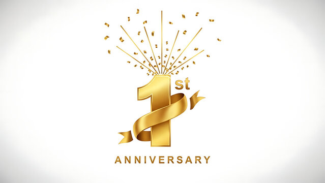 1st anniversary golden celebration with confetti and ribbon on white background
