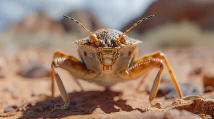 Closeup of a Brown Desert Insect on Rocky Ground