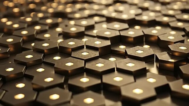 Abstract geometric background with hexagonal shapes and glowing lights, representing technology and innovation.