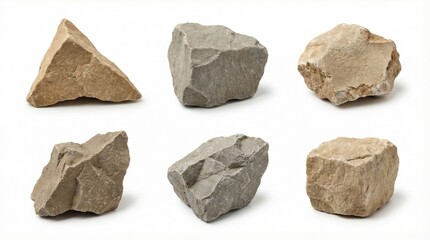 Collection of various natural rocks and stones, showcasing different shapes and textures in a studio shot. isolated against transparent background	