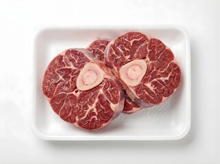 Uncooked Beef Shanks with Bone Marrow in a White Tray, Ready for Culinary Preparation, Overhead Studio View, isolated against transparent background	