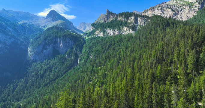AERIAL: Alpine ridge with dramatic rock formations towering above layers of dense pine forest. Steep and green mountain slopes create a contrast against the gray jagged stone under a clear summer sky.