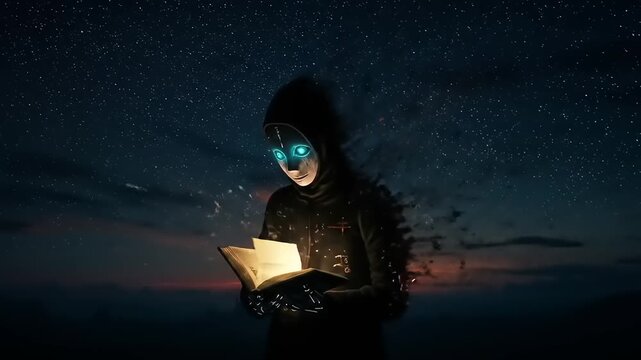 Mysterious figure reading a glowing book amidst the night sky and stars illustration
