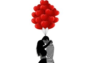 Couple sharing romantic with heart shaped balloons on transparent background