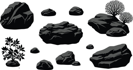 Black and white silhouette set of various rocks boulders and wild shrubs for nature landscape design and outdoor environment architectural asset illustration. © Creative Mind