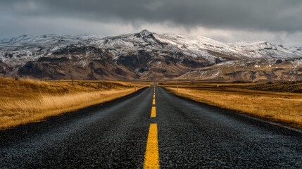 Straight road in Iceland leading toward snow-capped mountains under cloudy sky, winter landscape of nature and adventure, travel and exploration across vast open scenery toward an unknown horizon.