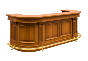 Wooden bar counter with gold trim isolated on transparent background