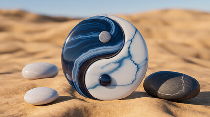 Yin and yang stone amidst desert sands symbolizing balance and harmony