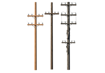 Three wooden power poles with different designs isolated on transparent background