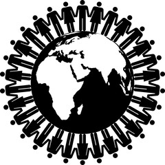 Diverse men and women holding hands around a globe. Transparent PNG. Globe and people silhouette. People around a globe vector. Unity and global diversity.