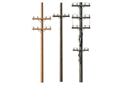 Three wooden power poles with different designs isolated on transparent background