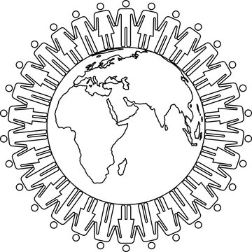 Diverse men and women holding hands around a globe. Transparent PNG. Globe and people outline. People around a globe vector. Unity and global diversity.