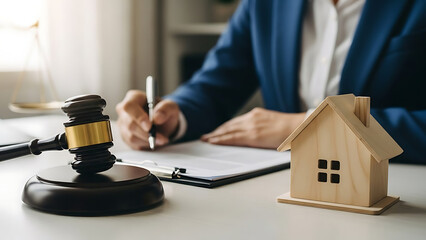 Legal expert signing real estate documents, with gavel and house model representing property law.