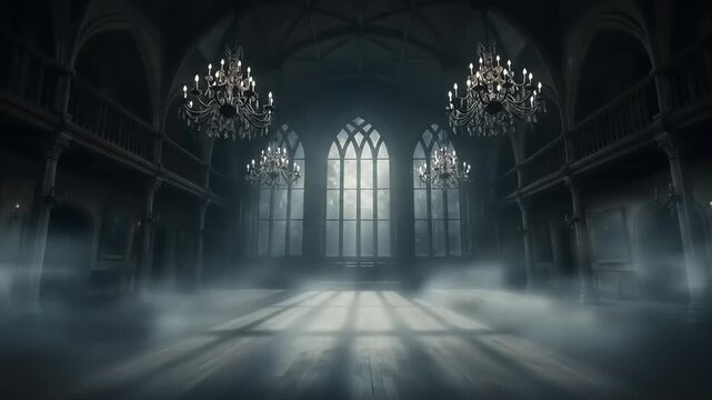 Mysterious Haunted Castle Interior with Fog and Chandeliers - Gothic Ambiance for Dark Fantasy