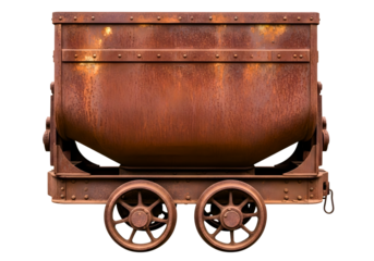 Rusty old mining cart on wheels isolated on transparent background