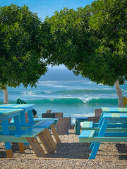 Inviting shot of a beachside cafe with bright blue picnic tables and chairs in the foreground. Through archway created by the overhanging trees, you can see blue ocean, a few gentle waves and surfers.